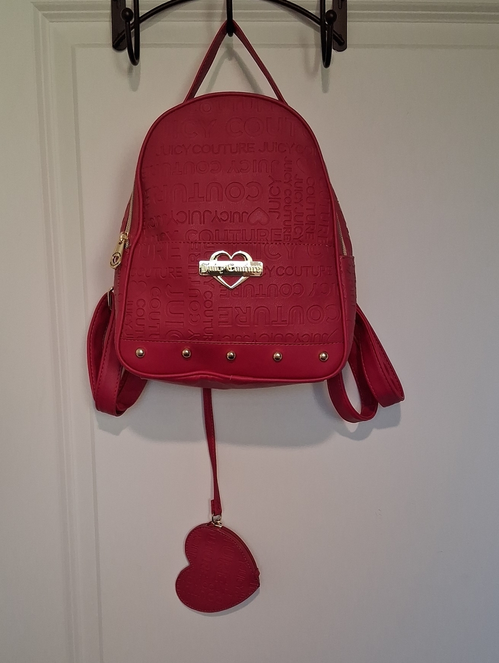 Juicy Couture Red Embossed Mini Backpack with Heart Charm Accent